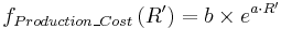 f_{Production\_Cost}\left(R'\right)=b\times e^{a\cdot R'} \,\!