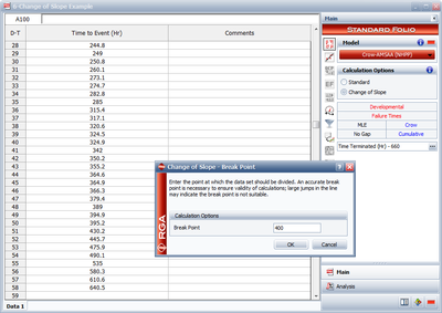 Specifying a breakpoint foor a Change of Slope Crow-AMSAA(NHPP) analysis in the RGA software.