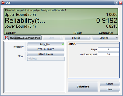 Calculate the reliability at the end of the ninth stage with 90% confidence bounds.